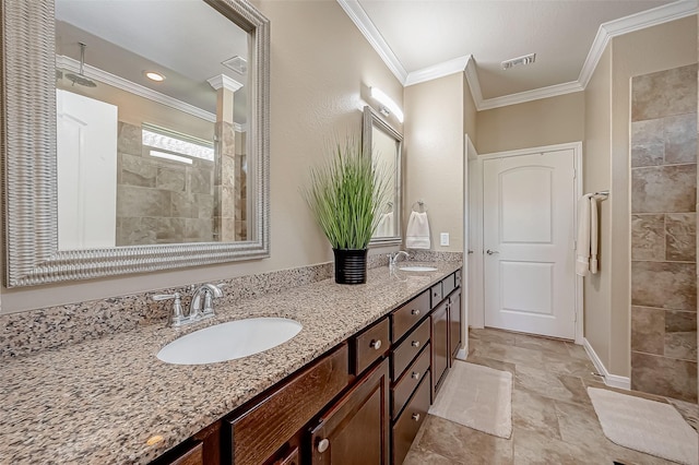 bathroom featuring walk in shower, vanity, and ornamental molding