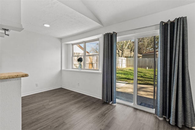 interior space featuring dark hardwood / wood-style floors and lofted ceiling