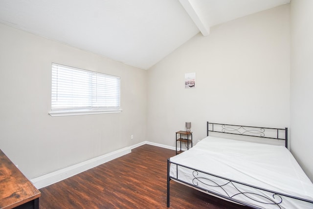 bedroom featuring lofted ceiling with beams and dark hardwood / wood-style floors