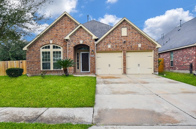 view of property with a front yard and a garage