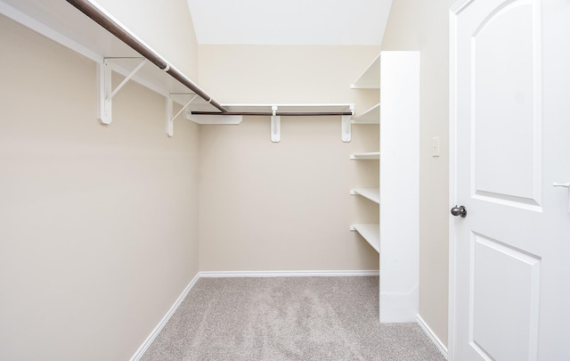 walk in closet featuring light colored carpet