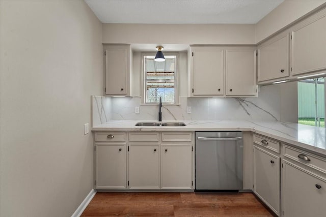 kitchen with dishwasher, backsplash, dark hardwood / wood-style floors, and sink