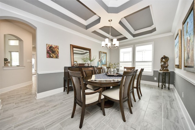 dining room with crown molding, coffered ceiling, a chandelier, and beamed ceiling