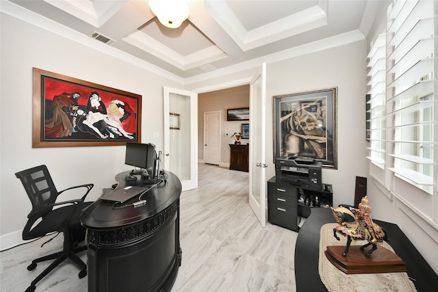 office space featuring coffered ceiling, ornamental molding, and beamed ceiling