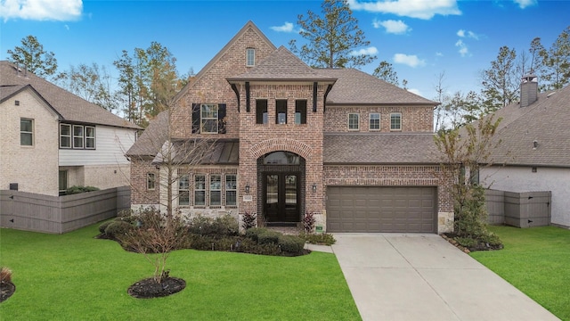 view of front of property with a garage, a front yard, and french doors