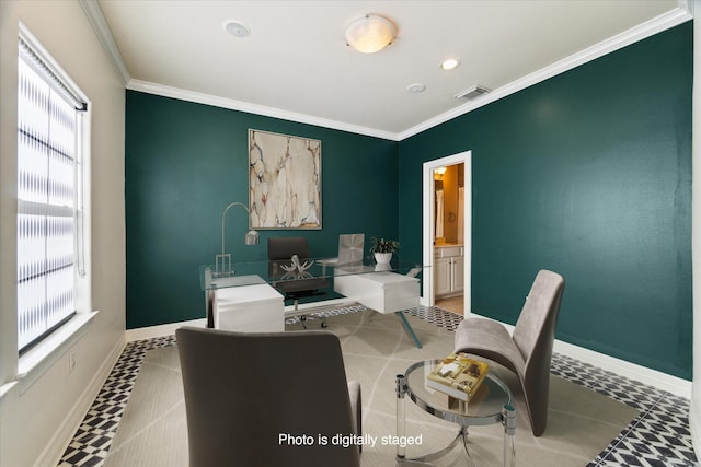 home office featuring a wealth of natural light and ornamental molding