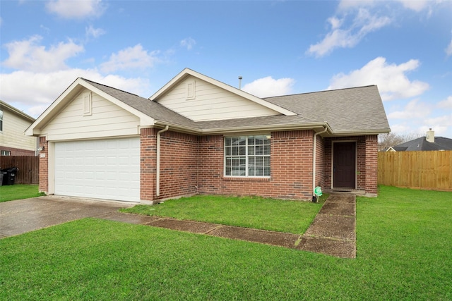 single story home with a garage and a front lawn