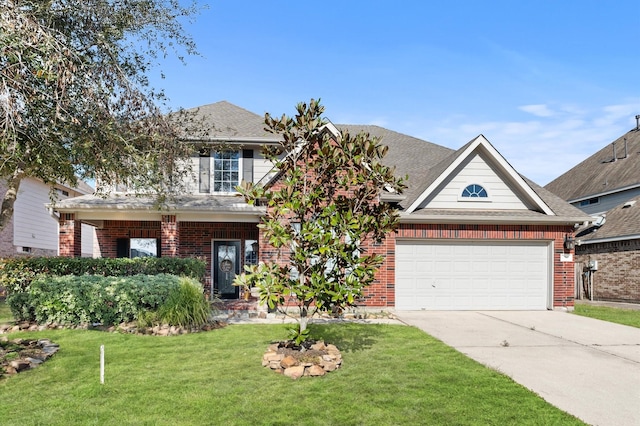 view of front facade with a garage and a front lawn