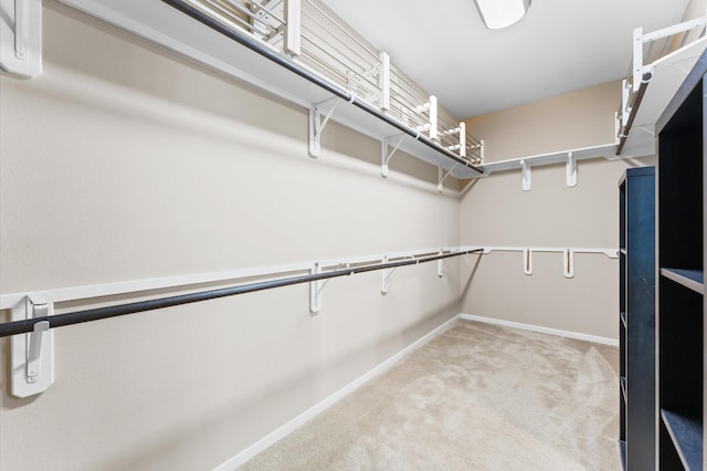 walk in closet featuring light carpet