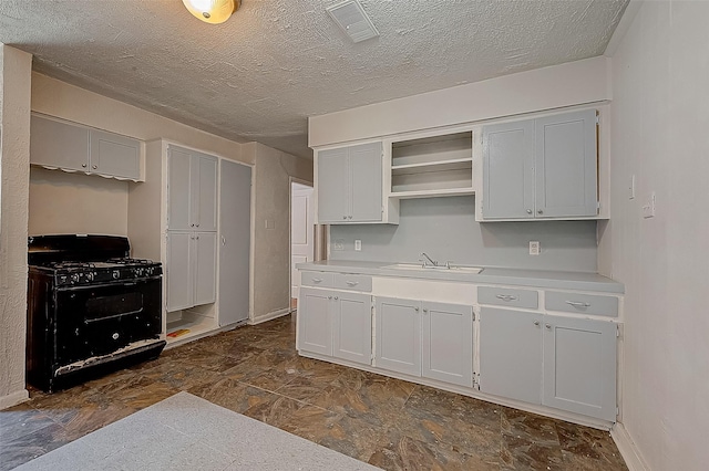 kitchen with black gas range oven, a textured ceiling, and sink