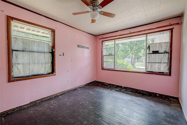 unfurnished room with ceiling fan, dark hardwood / wood-style floors, and ornamental molding