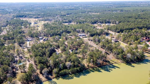 bird's eye view featuring a view of trees and a water view