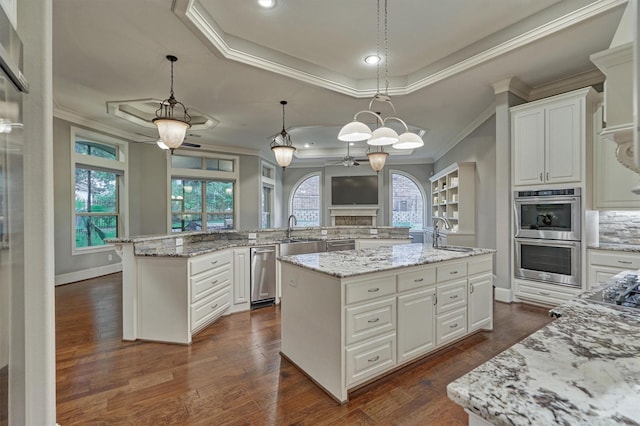 kitchen with ornamental molding, a raised ceiling, pendant lighting, white cabinetry, and a large island