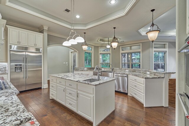 kitchen featuring white cabinets, appliances with stainless steel finishes, a raised ceiling, and an island with sink