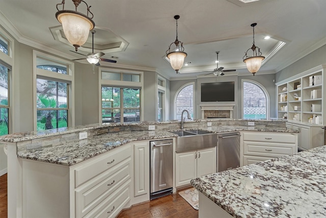 kitchen featuring ornamental molding, a tray ceiling, decorative light fixtures, white cabinets, and a kitchen island