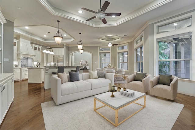 living room featuring ceiling fan, dark hardwood / wood-style flooring, ornamental molding, and a tray ceiling