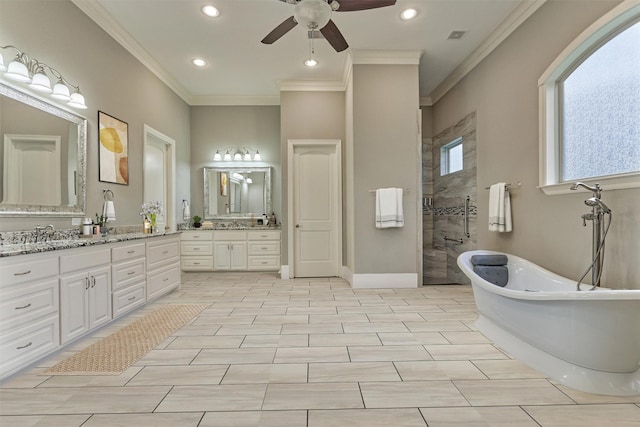 bathroom featuring shower with separate bathtub, vanity, ceiling fan, and ornamental molding