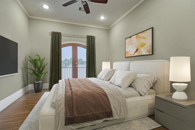 bedroom featuring access to exterior, ceiling fan, french doors, dark hardwood / wood-style flooring, and crown molding