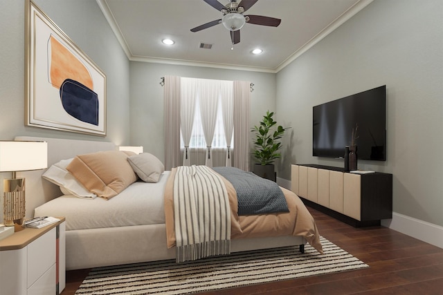 bedroom with dark hardwood / wood-style floors, ceiling fan, and crown molding