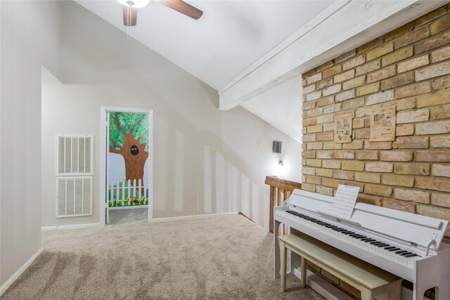 misc room featuring carpet and vaulted ceiling with beams