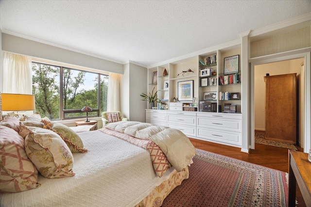 bedroom featuring a textured ceiling, crown molding, and dark hardwood / wood-style floors