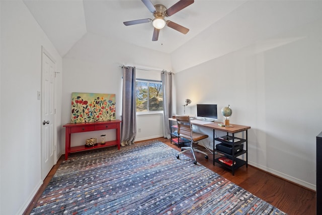 office space with lofted ceiling, dark wood-type flooring, and ceiling fan