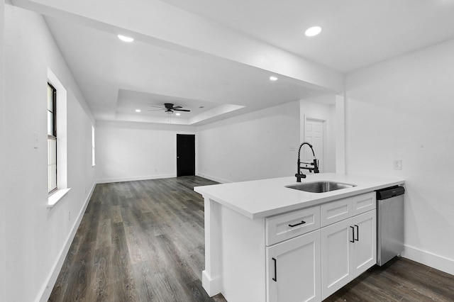 kitchen with stainless steel dishwasher, a tray ceiling, ceiling fan, sink, and white cabinetry