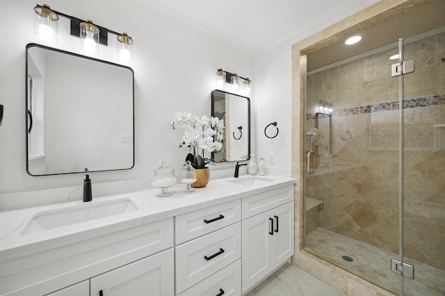 bathroom with vanity, tile patterned floors, an enclosed shower, and crown molding