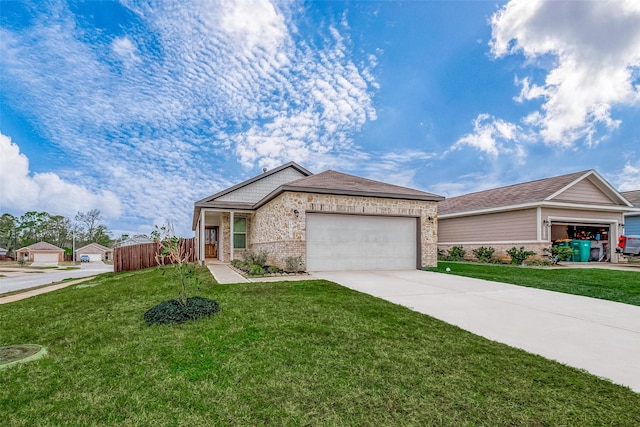 ranch-style house featuring brick siding, concrete driveway, a front yard, fence, and a garage