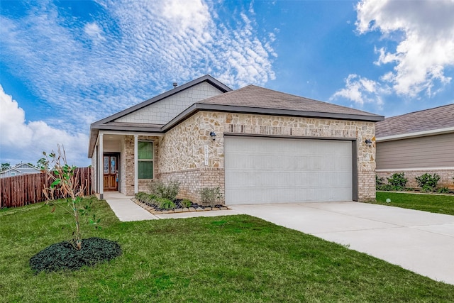 view of front of home with concrete driveway, an attached garage, fence, and a front yard