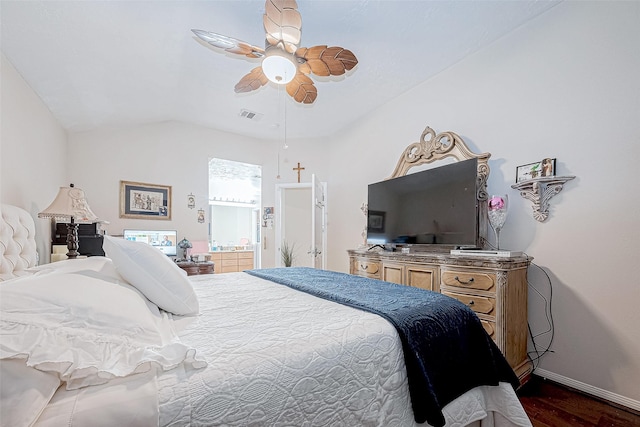 bedroom featuring ceiling fan and dark wood-type flooring