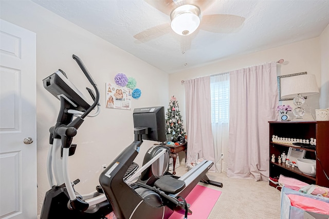 exercise area with a textured ceiling, carpet floors, and ceiling fan