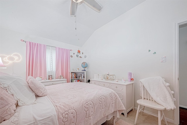 bedroom with light carpet, ceiling fan, and lofted ceiling