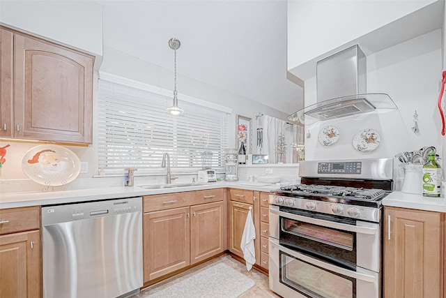 kitchen featuring sink, light brown cabinetry, appliances with stainless steel finishes, decorative light fixtures, and island range hood