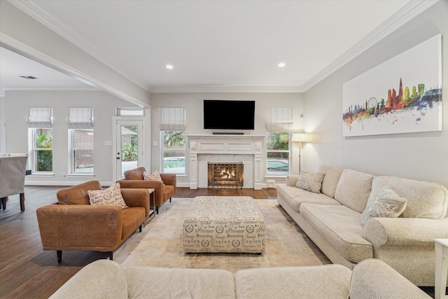 living room featuring light hardwood / wood-style floors and ornamental molding