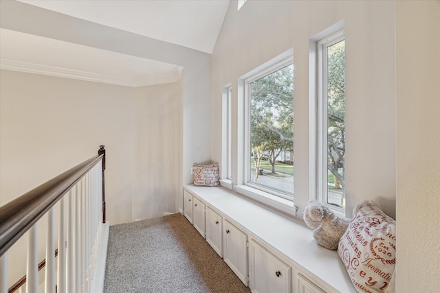 hallway featuring light colored carpet and vaulted ceiling