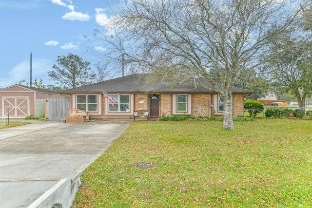 single story home featuring a shed and a front lawn