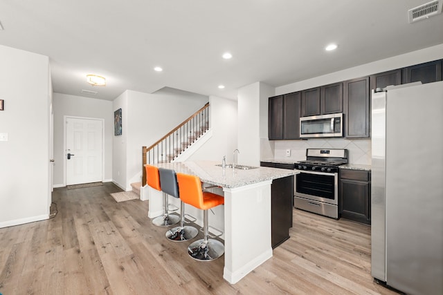 kitchen featuring light stone countertops, stainless steel appliances, sink, backsplash, and a kitchen island with sink