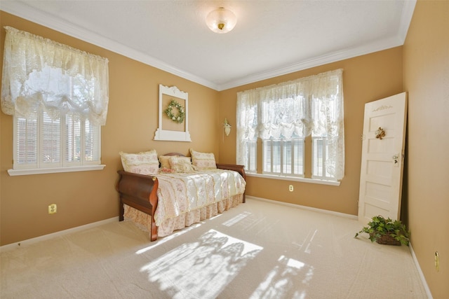 carpeted bedroom with ornamental molding