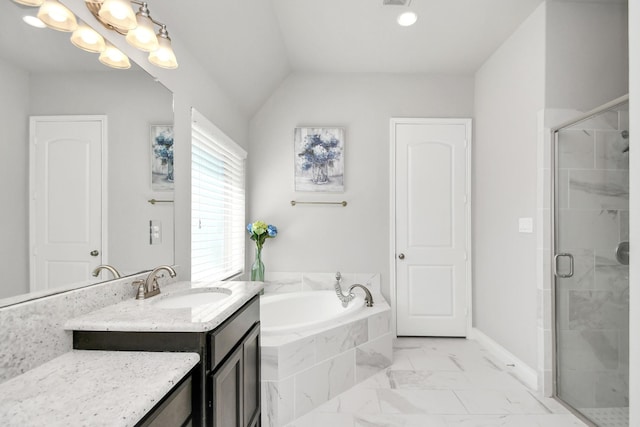 bathroom featuring vanity, plus walk in shower, and vaulted ceiling