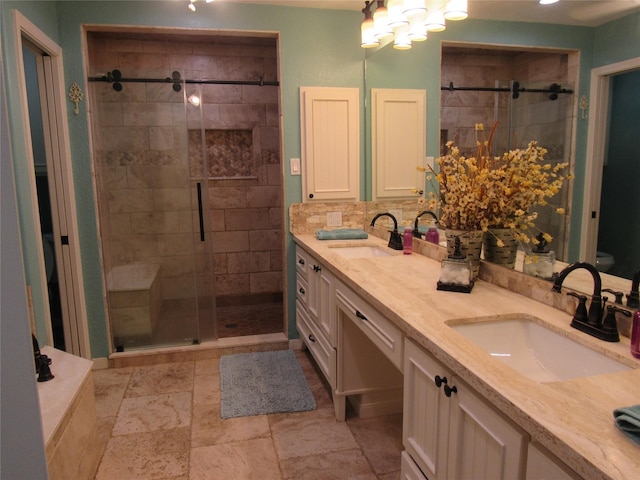 bathroom featuring vanity, tasteful backsplash, toilet, and an enclosed shower