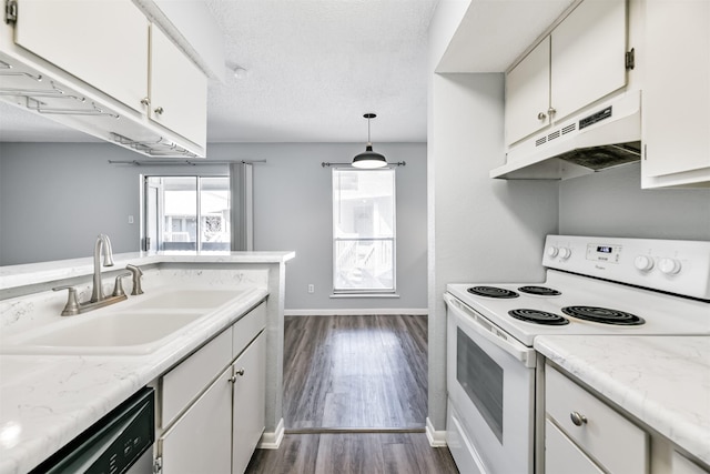 kitchen with white cabinetry, sink, white electric range oven, stainless steel dishwasher, and pendant lighting