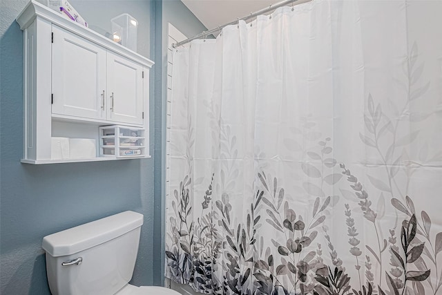 bathroom with toilet and a shower with shower curtain