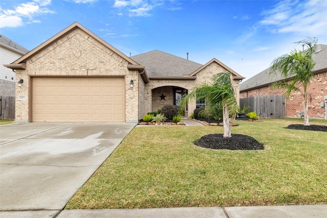 view of front of home featuring a front yard and a garage