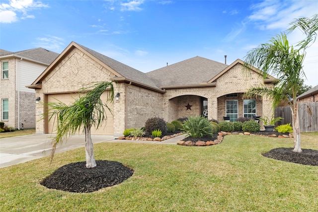 view of front of property featuring a front yard and a garage