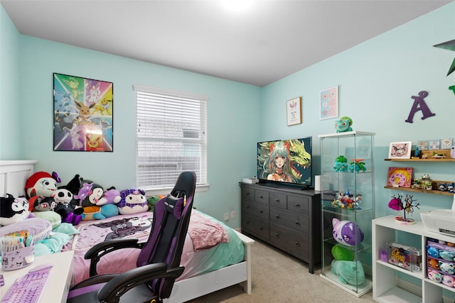 bedroom featuring light colored carpet