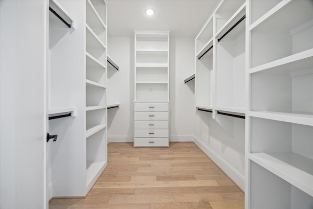 spacious closet with light hardwood / wood-style flooring