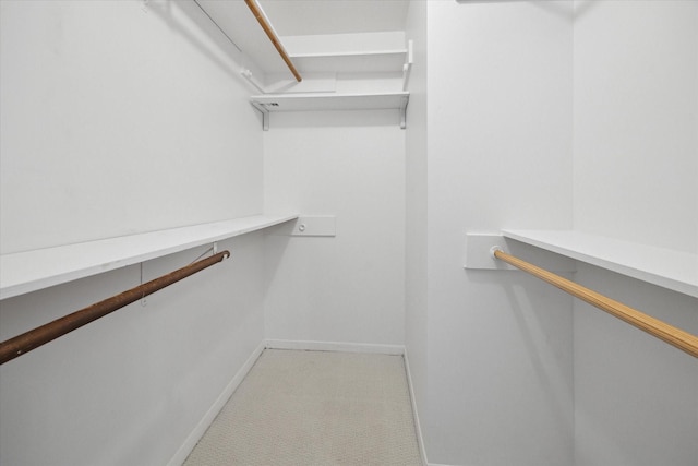 walk in closet with light carpet