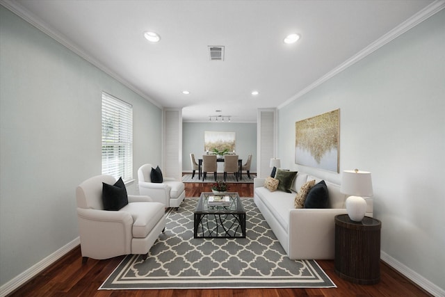 living room featuring crown molding and dark hardwood / wood-style floors