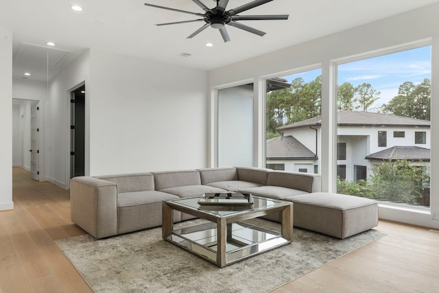 living room featuring ceiling fan and light hardwood / wood-style flooring